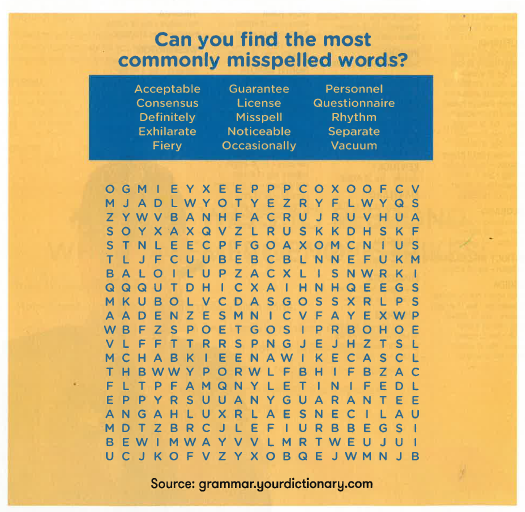 'Can you find he most commonly misspelled words' word search. 