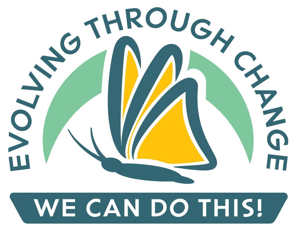 Evolving Through Change: We Can Do This! logo with blue and yellow butterfly in the center, words surrounding the creature as well as expanding underneath